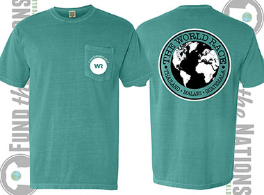 world race t-shirt in seafoam green